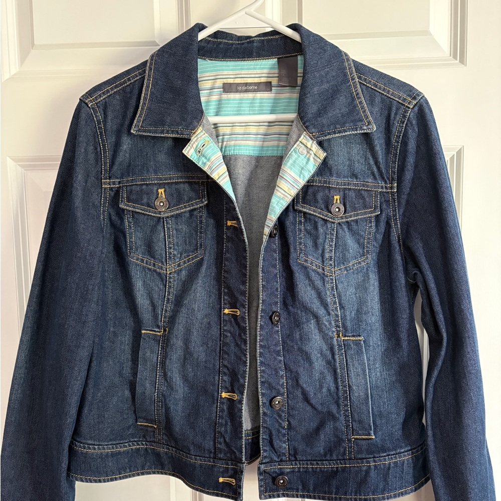 Liz Claiborne Dark Blue Jean Jacket with Striped Lining